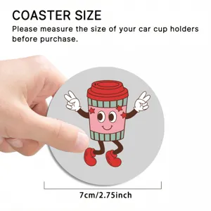 Cute cartoon coffee cup car coaster non-slip mat, 7cm diameter size detail display.