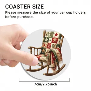 Close-up detail of a round car cup coaster featuring a vintage rocking chair pattern and size.