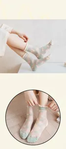 Chaussettes mi-mollet transparentes en soie de verre pour femmes, volants et cœurs mignons.