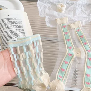 Gros-plan détaillé de chaussettes mi-mollet en mesh transparent avec motifs de cœurs et carreaux.
