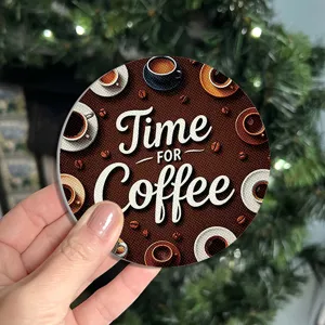 Round absorbent coffee coaster featuring stylish cup pattern and clear text details.