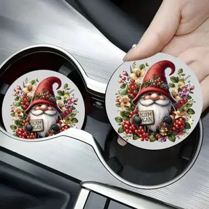 Silicone car cup coaster with cute gnome and floral print, absorbent auto drink holder.