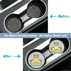 Car cup holder coasters with cute Christmas cartoon print, anti-slip vehicle water coaster mat.