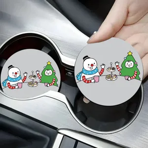 Cute Christmas snowman car coaster detail view, premium leather auto cup holder insert mat.
