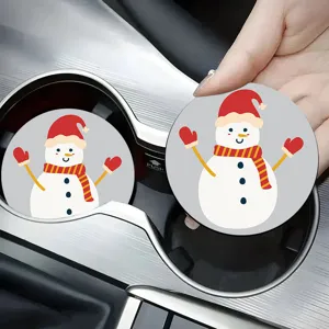 Cute cartoon car coasters, leather cup holder mats with adorable snowman design for auto interior.