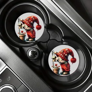 Detailed view of Christmas gnome silicone car coasters fitted nicely in vehicle cup holders.
