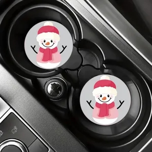 Car cup coasters set, cute cartoon snowman design, non-slip vehicle drink coaster mat detail
