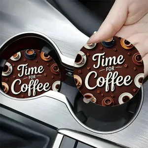 Detailed view of a round car cup coaster with a stylish coffee pattern placed in a vehicle holder.