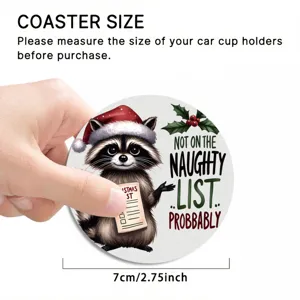 Christmas raccoon car coaster, cute non-slip cup holder mat for auto interior decor.