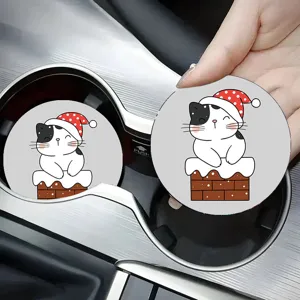 Cute cartoon cat print car cup coaster, anti-slip rubber mat for automotive interior decor.
