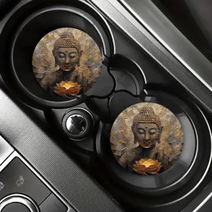 Auto Tassen Untersetzer Set mit Buddha Lotus Motiv, rutschfeste Keramik Einlage.