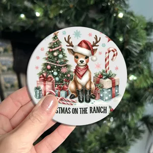Christmas round coaster festive holiday drink mat cute reindeer table decoration pad 1pcs