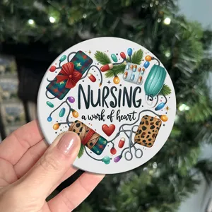 Round car cup holder coaster with nursing themed print, non-slip silicone mat for drinks.