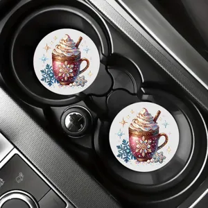 Car cup coasters set of 2, cute winter hot cocoa snowflake design absorbent ceramic or silicone.