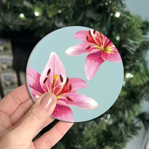 Round floral print absorbent table coaster, lily flower design heat insulation cup mat.
