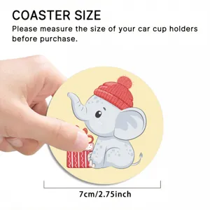 Cute cartoon elephant car coaster detail shot, 7cm diameter anti-slip cup mat for vehicles.