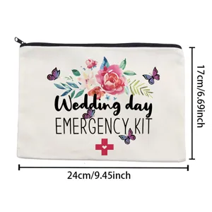 Detailed view of the white canvas wedding emergency kit makeup bag with floral butterfly print.