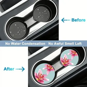 Car cup coasters absorbent ceramic insert anti slip pink lily floral design set of 2