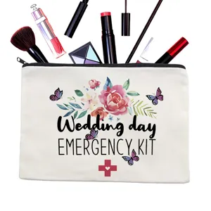 Canvas makeup bag with watercolor floral print, wedding emergency kit zipper pouch for bridal gifts.