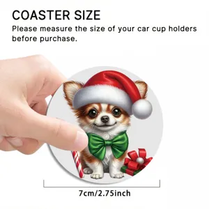 Close-up detail of a festive Christmas puppy car coaster featuring a cute holiday design.
