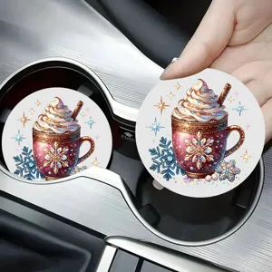 Car cup holder coaster detail showing winter hot chocolate mug pattern and easy fit design.
