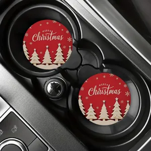 Set di sottobicchieri per auto di Natale, rosso rotondo con stampa albero per interni auto.