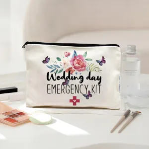 White canvas makeup pouch with floral watercolor print and wedding emergency kit design.