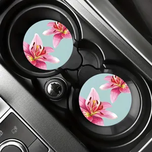 Pink lily car coaster set, round non-slip vehicle cup holder mat, floral auto interior decor.