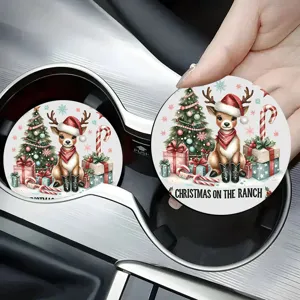 Christmas Crystal Velvet Round Coaster Festive Santa Claus Pattern Soft Absorbent Table Mat For Home Car Dining Decor