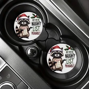 Christmas raccoon car cup coasters set, cute anti-slip ceramic coaster for vehicle interior decor