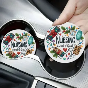 Car cup coasters, round non-slip silicone auto beverage coasters for cup holders, nurse gift design.