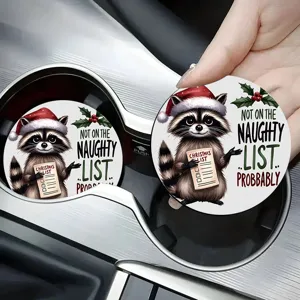 Cute Christmas Raccoon Car Coasters Non-Slip Absorbent Cup Holder Insert Drink Mat
