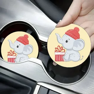 Cute cartoon elephant car coaster detail view, absorbent anti-slip cup holder mat.