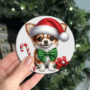 Christmas dog coaster detail shot, cute chihuahua with Santa hat design for holiday table decor.