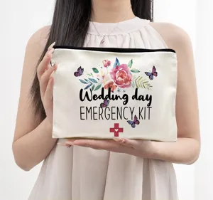 Canvas wedding emergency kit makeup pouch zipper bag floral design cute gift cosmetic bag.