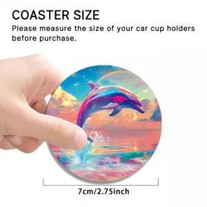 Dolphin sunset art pattern car coaster detail view, showing size dimension 7cm 2.75inch clearly.