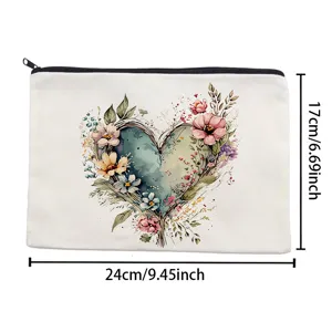 Detail view of white canvas cosmetic bag with watercolor floral heart print and zipper.