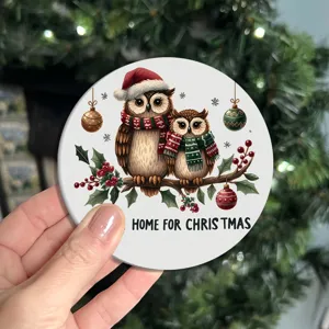 Christmas owl print round absorbent ceramic coaster festive holiday home table cup mat decor