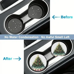 Car cup holder coaster detail showing Christmas tree design and waterproof protection performance.