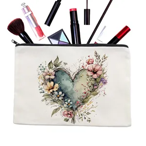 Canvas makeup bag with watercolor floral heart design, stylish cosmetic pouch and cute purse.