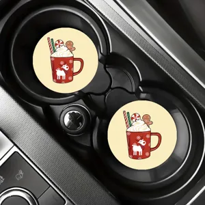 Christmas car cup coasters, red mug reindeer pattern absorbent ceramic car coasters, 2pcs