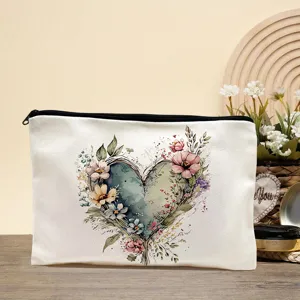 White canvas cosmetic bag featuring a colorful watercolor floral heart design pouch.
