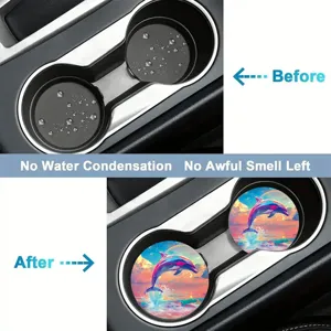 Car cup holder coasters set, absorbent ceramic inserts with dolphin design, anti-slip auto accessories.
