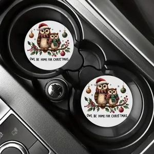 Christmas Owl Car Coaster Non-Slip Cup Holder Insert Mat Detail Interior Scene View