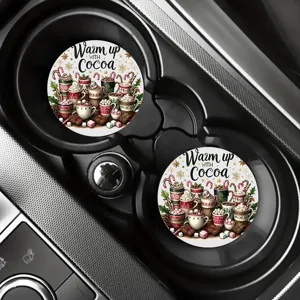 Festive Christmas cocoa mugs round coaster for car cup holders, absorbent table mat decor.