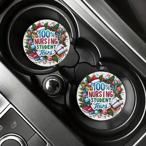 Detailed shot of round car cup coasters featuring a holiday nursing student theme design.