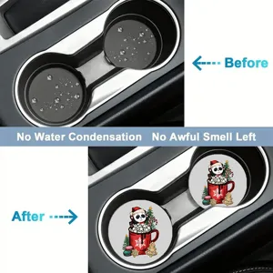 Gedetailleerd uitzicht op schattige kerst panda auto onderzetters, waterdichte mat.