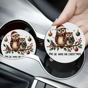 Christmas owl car cup coaster, non-slip ceramic insert drink holder coaster for vehicle.