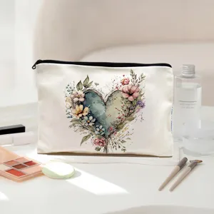 Canvas makeup pouch with watercolor floral heart design, perfect for daily cosmetic storage.