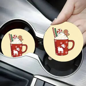 Christmas car coaster detail, festive red mug design with cute reindeer cup mat.